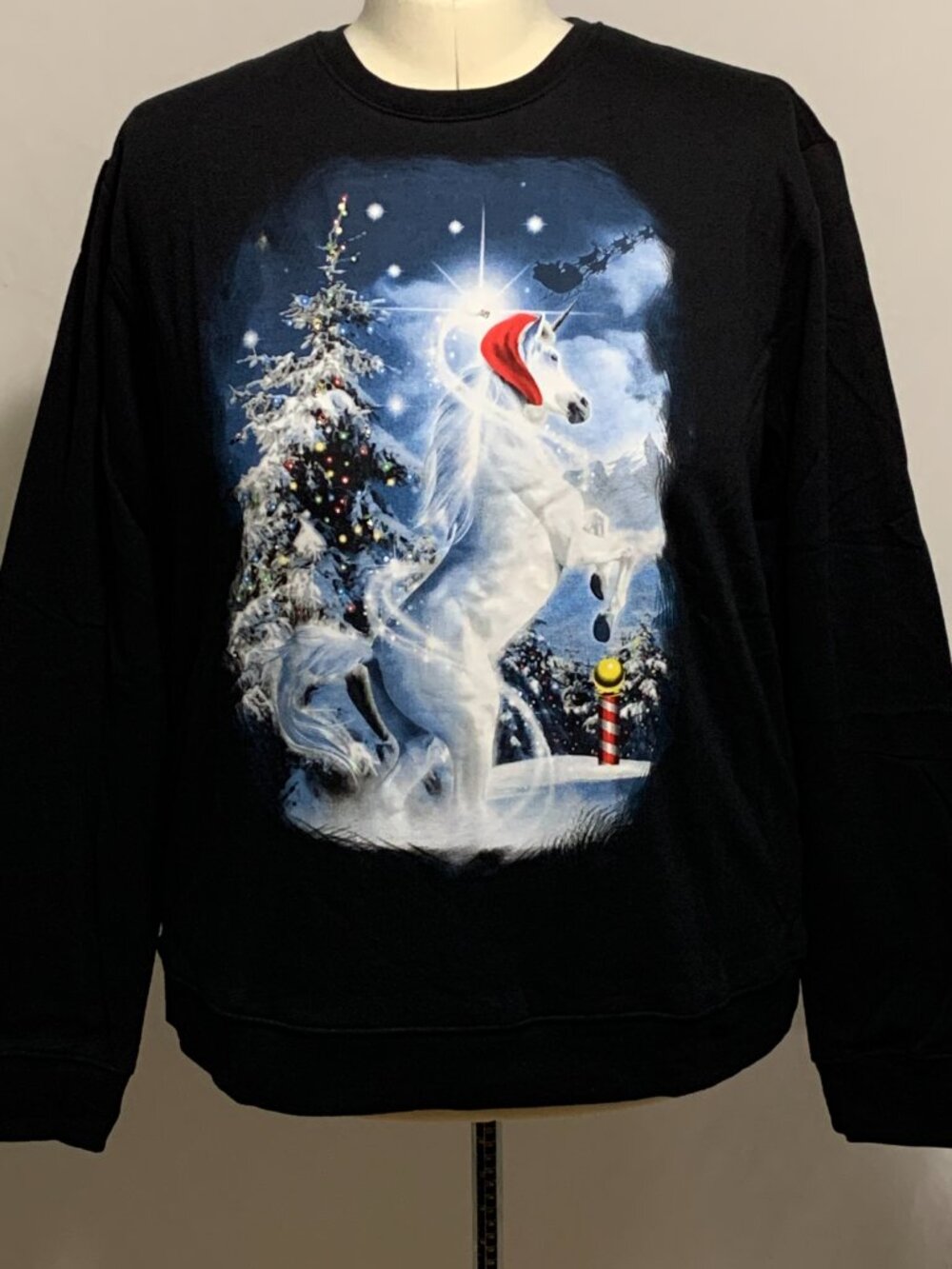 Ugly Christmas Sweatshirt Unicorn Santa Hat Tree Light Up Black MENS Womens XL - Picture 3 of 5